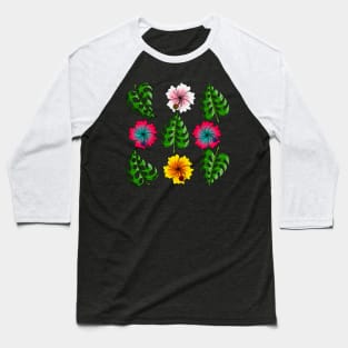 Hawaiian Hibiscus and Monstera Pattern Baseball T-Shirt